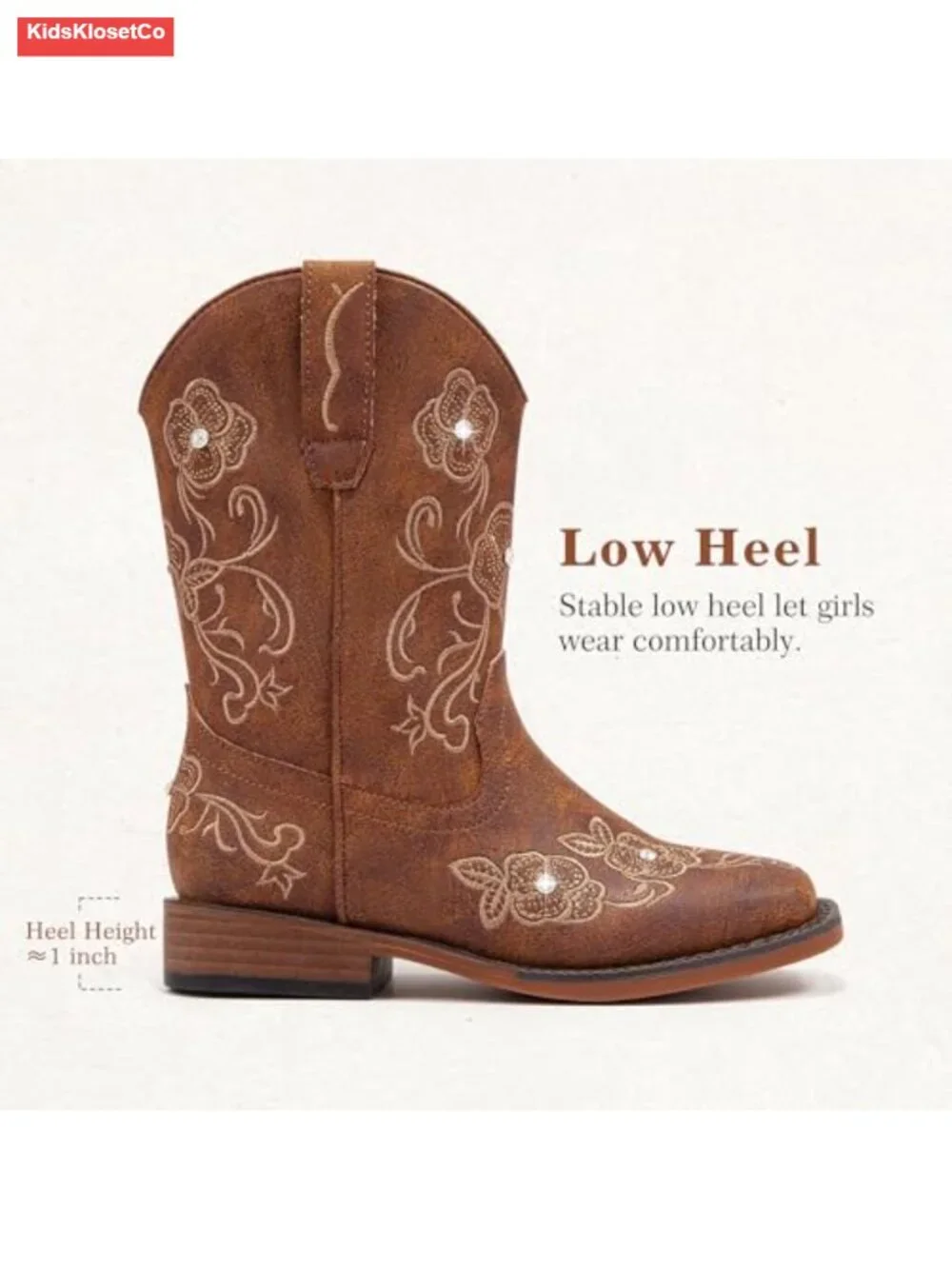 Girls Cowboy Boots Floral Embroidery Rhinestone Side Zipper Mid Calf Square Toe
